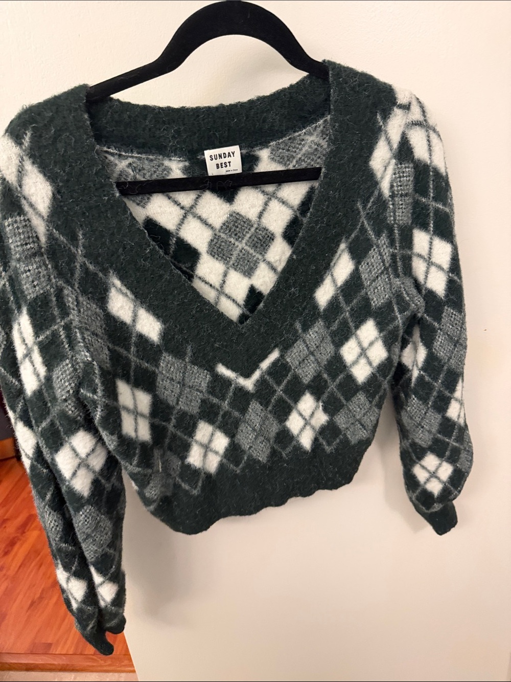 Sunday Best Dark Green and White Argyle V-Neck Sweater